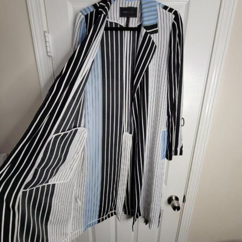 BCBGMAXAZRIA Shirt Jacket Small Black Blue Stripe Trech Belt Pockets Lightweight - Picture 4 of 11